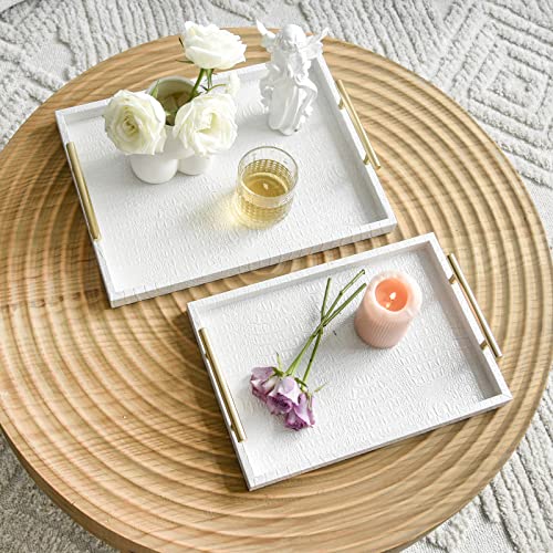 Set of 2 Modern Elegant Large Wood Serving Tray, Rectangle Decorative Tray Ottoman Tay Coffee Table Tray, Pearl White Crocodile Leather with Gold Polished Metal Handles - style: White Crocodile Tray