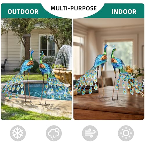 32" Oversized Peacock Decor Set of 2, Hand-Painted Metal Yard Art, Weatherproof Outdoor Garden Statues & Sculptures for Lawn, Flower Beds, Patio, Backyard or Indoor Kitchen & Home Decor - color: 32" -Green+brown