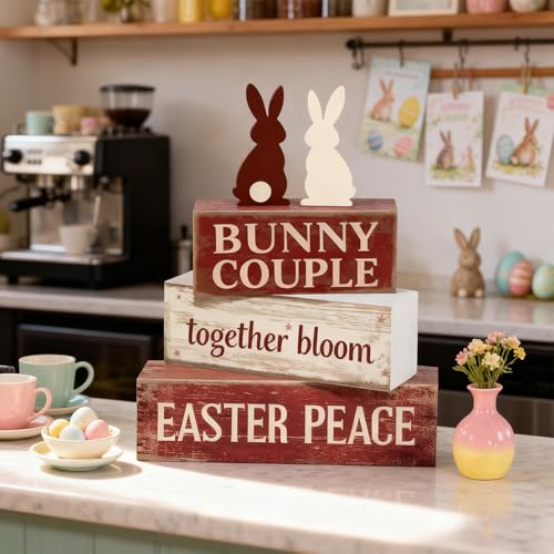 Easter Decorations - Easter Bunny Couple Tiered Tray Decor - Wooden Bunny Tabletop Sign - Rustic Farmhouse Spring Home Decor Indoor for Tiered Tray Shelf Mantel Entryway Coffee Table - Spring Home Decor for Living Room, Kitchen Counter - style: Bunny