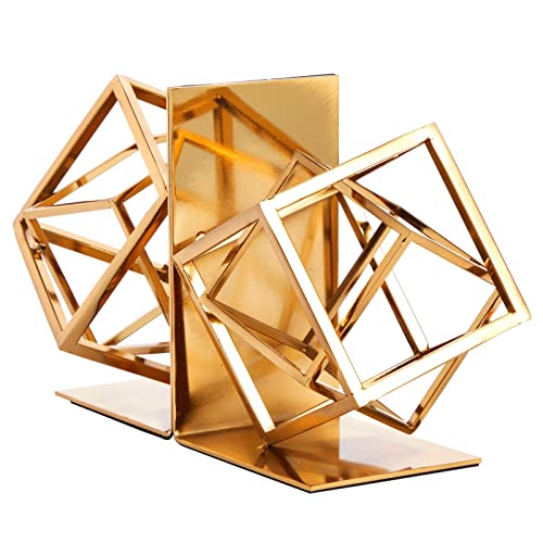 Juvale Gold Bookends - Heavy-Duty Metal Book Ends for Bookshelf Decor - Geometric Square Style for Decorative Books Display for Coffee Table & End Table Decor - 5 x 6 x 3 in, Pack of 2
