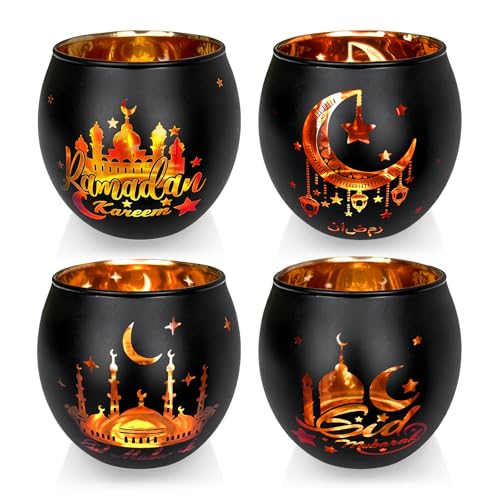 Eid Mubarak Glass Tea Light Candle Holders, Votive Tealight Holder Table, Centerpiece Decorations for Muslim Party Decor (Ramadan) - color: Ramadan