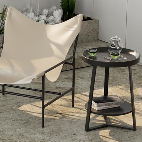 Gadroad Round End Table with Storage Shelf, 2 Tier Farmhouse Side Table Nightstand for Living Room, Bedroom, Wood Tabletop & Black Metal Frame, Black 15.7 * 15.7 * 23.0inches - color: Black, style: No Charging Station