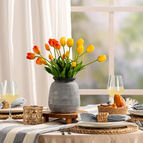 Ceramic Rustic Vase,7.48" Flowers Pottery Vases Home Decor Round Wide-Mouth Farmhouse Decorative Vase for Flowers Pampas for Table Living Room Entryway Mantel Shelf Kitchen Bathroom Bedroom - color: 7.5“ H - Black