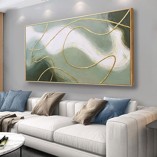 Abstract Wall Art Minimalism Green White and Gold Lines Boho Canvas Wall Decor Framed Artwork Modern Home Wall Decor for Living Room Bedroom Office 20"x40" - color: Green, size: 40"L x 20"W