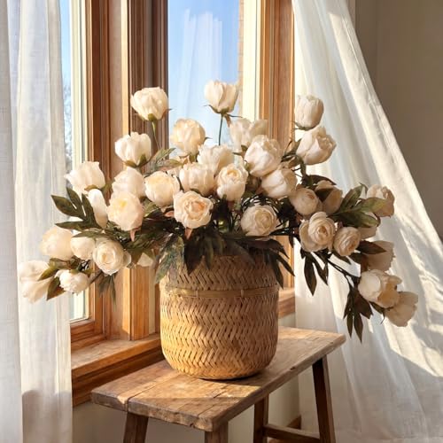 Thiccywoov 8 Pcs Beige Faux Peony Stems Flowers Bulk Vintage Artificial Silk Peonies Stems Real Look Fake Peonies Branches for Vase Filler DIY Bouquet Centerpieces Home Indoor Outdoor Decorations - color: Champagne