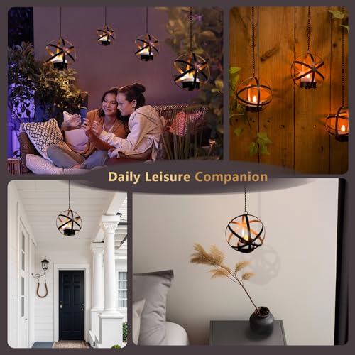 Solar Lanterns Outdoor Waterproof, 4 Pack Hanging Tea Lights with Candle Holder, Small Solar Chandelier for Trees, Patio, Backyard, Garden, Porch, Balcony Decorative (Armillary)