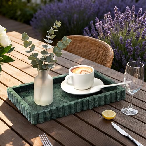 YMXYJM Natural Marble Tray for Bathroom, Real Stone Decorative Vanity Tray with Fluted Edge, Large Marble Serving Storage Tray for Kitchen Counter, Dresser, Home Decor, 11.8" x 8", Dark Indian Green - color: Dark Indian Green