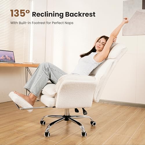 Big and Tall Office Chair, Flip Armrests for Pets & Cross Legged Sitting, Executive Ergonomic Computer Gaming Chair with Foot Rest, Teddy Fleece Wide Seat Reclining Desk Chair, Pink - color: Pink