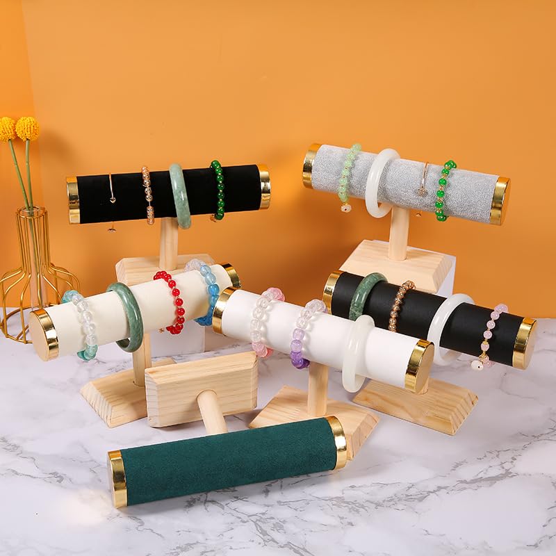 Jewelry bracelet Display T-Bar Stand 9 inch White PU Bracelet Holder with Gold Metal Ends 1-Tier Jewelry Organizer with Natural Pine Base, Bangle & Watch Display for Retail & Vanity - color: Round PU White