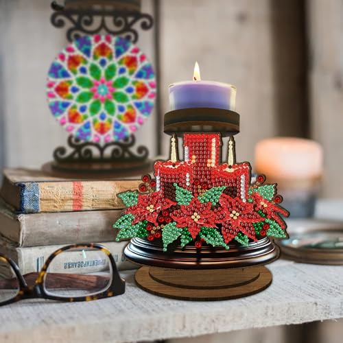ARTopet DIY Diamond Art Painting Candlestick Holders Wooden Desk Candle Holder Ornament Double Sided Diamond Tabletop Ornaments for Home Decor-Poinsettia - color: Poinsettia