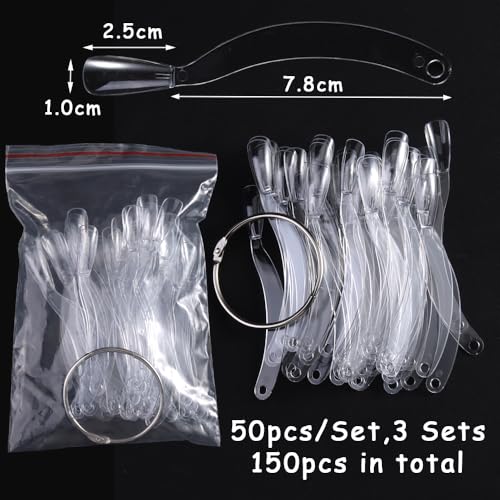 150 Pcs Nail Swatch Sticks with Ring, Clear Coffin Nail Tips for Nail Art Polish Practice Color Display, Acrylic False Nail Sample Sticks Nail tech Supplies for Home or Salon Use - color: Clear Coffin