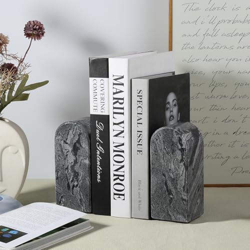 Koville African Natural Marble Bookends for Shelves, 7lbs Heavy-Duty Marble Book Holders, Decorative Book Ends, Bookshelf Apartment Decor for Normal Books/CD/Video Games - color: Monte Grigio, size: 7lb