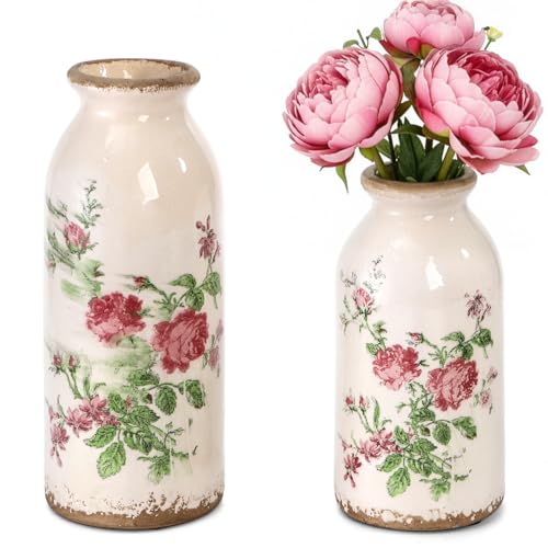 Covzoe Set of 2 Vintage Small Ceramic Vase, Retro Rose Floral Decorative Vases for Table Centerpiece, Mini Bud Vase Art Decor for Home Bedroom, Living Room Office Bathroom, 2 Size