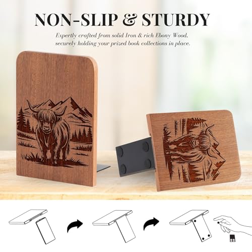 Highland Cow Gifts for Women, Scottish Cow Bookends, Heavy Duty Wooden Bookends for Shelves Decorative(1 Pair, 4.72x6.69 Inches) - Scenery - color: Scenery