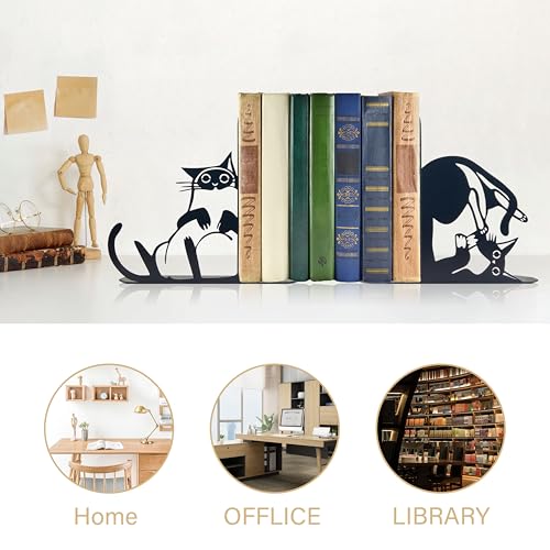 Cute Cat Metal Bookends Cat Book Ends for Shelves Bookshelf Decorative Objects Home Office Desk Bookshelf Decor Cat Lover Gifts for Women