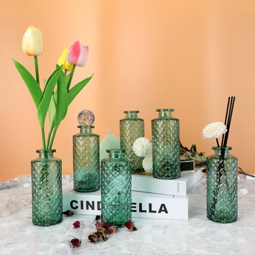Glass Bud Vase, Green, Small Flower Vase, Set of 6, Simple and Solid, Aromatherapy Bottle, for Lady, Classy Gift for Mother's Day, Birthday, or Wedding, - color: Green