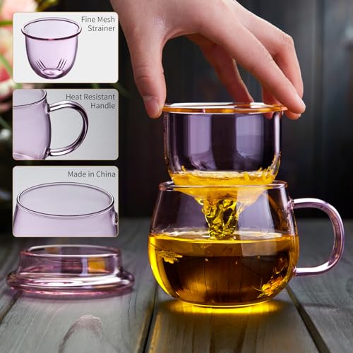 DOPUDO 11oz Pink Glass Tea Cup with Infuser and Lid– Versatile and Elegant Gift for Women, Perfect for Loose Leaf Tea and Other Beverages. - size: 11OZ