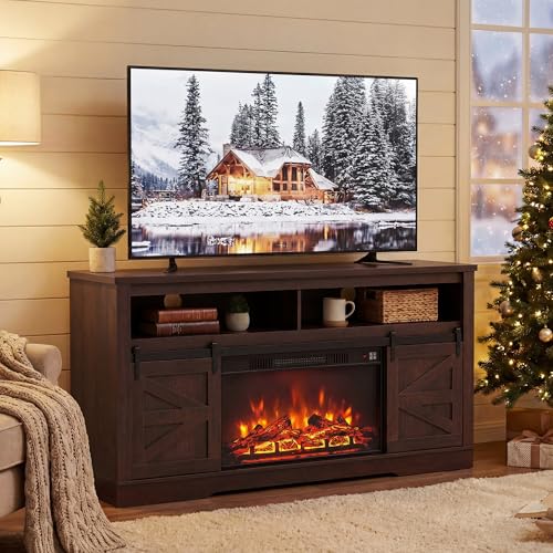 YESHOMY Fireplace TV Stand for Television up to 65+ Inch with Storage and Farmhouse Sliding Barn Doors, Entertainment Center with Cabinet and Shelves, Media Console for Living Room, Rustic Dark Brown - color: Rustic Dark Brown, style: Sliding Barn Doors F