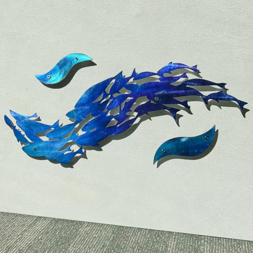 LiveInUrban Coastal Wall Art School of Fish Metal Wall Sculptures, Ocean Beach Themed Metal Hanging Home Decoration 3PCS 15.9"x11.5" - color: school of fish