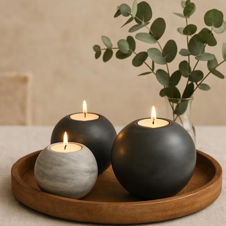 Concrete Sphere Tea Light Holder - Minimalist Centerpiece - Candle Holder - Modern Interior Design (Sky Blue, Set of 3 Sizes) - color: Sky Blue, size: Set of 3 Sizes