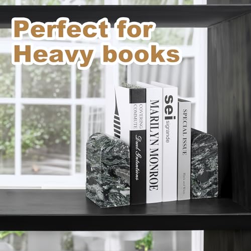 Koville South African Natural Marble Bookends for Shelves, Non-Slip Book Ends, 13LBS Ultra Heavy Duty Marble Book Holder Organizer, Apartment Decor for Movies/CD/Video Games(Olive Green) - color: Green Marble-olive Green, size: 13lb