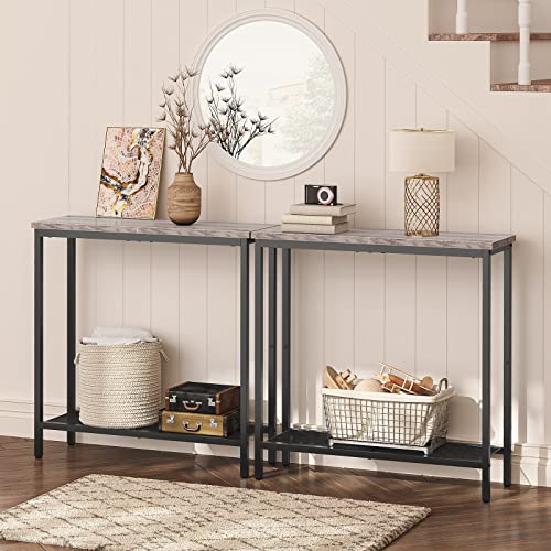 HOOBRO 29.5" Narrow Console Table, Small Entryway Table with Shelf, 2 Tier Thin Sofa Table, Behind Couch Table, Side Table, for Hallway, Living Room, Bedroom, Greige and Black BG74XG01 - color: Greige + Black