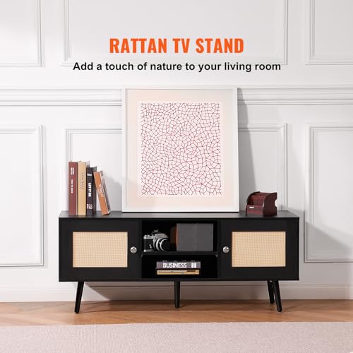 VEVOR Rattan TV Stand, Boho TV Cabinet for 55 inch TV, Mid Century Modern TV Stand, Rattan TV Console with Adjustable Shelfs for Living Room, Media Room, Black - color: Black, size: for 55" TVs