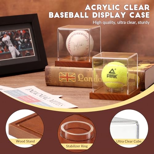 JupDec Baseball Display Case, Clear Cube Baseball Holder with Wooden Base, Autograph Baseball Stand Box for Single Ball, Acacia Wood, Brown, 2 Pack - size: 2 Pack