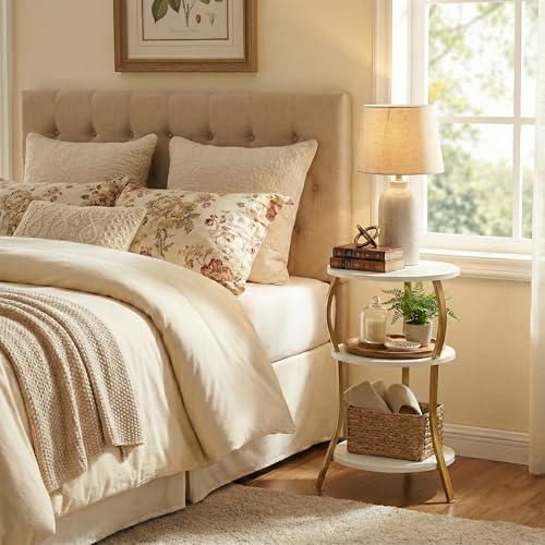 Vintage Small Round Side Table, 3-Tier Slim Waist Circular End Table with Storage Shelf, Compact Tea Sofa Table, Round Corner Coffee Table Nightstand for Living Room Bedroom Small Spaces,White+ Gold - color: White+gold, style: Classic