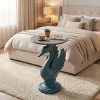 Luxurious Swan Side Table - 20" Premium Faux Marble Accent Table with Hand-Finished Resin Swan Statue Base - High-End Round End Table for Upscale Living Room, Master Suite - Tool-Free - color: Blue Swan