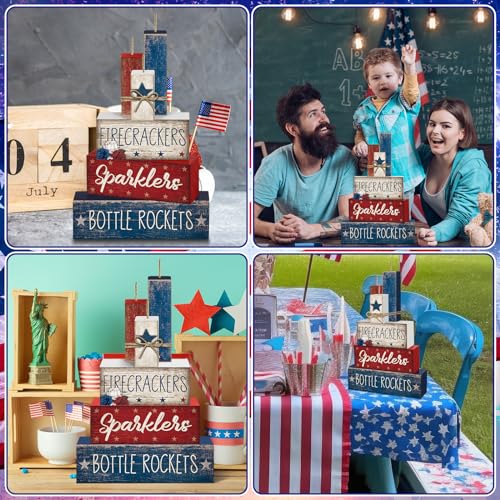 CroBlissful 4 Pcs 4th of July Decorations Patriotic Memorial Day Tabletop Decorations Red White Blue Table Centerpieces Sign for Office Tiered Tray Home Shelf 250th Anniversary(Firecrackers) - style: Firecrackers