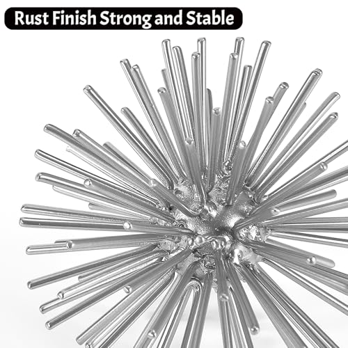 Silver Sphere Decor, Metal Starburst Tabletop Sculpture Decor, Mid-Century Modern Metal Starburst Centerpiece, Spike Ball Decoration for Home, Coffee Table Decor - color: Silver-starburst-4.2"