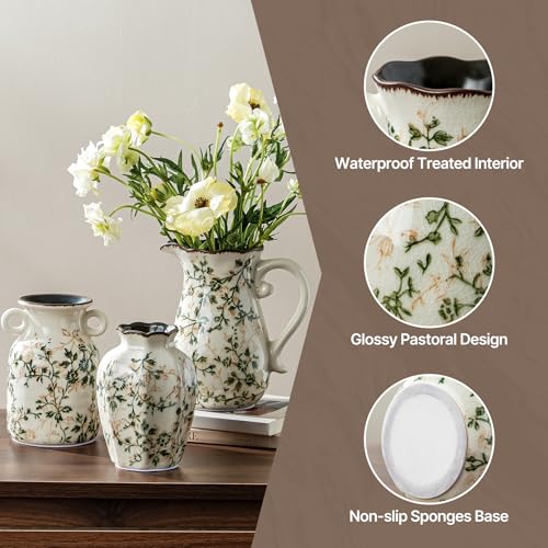 Ceramic Vase Set of 3, Green Chinoiserie Floral Pitcher Vases, Vintage Farmhouse Decor for Mantel, Fireplace, Kitchen Counter, Living Room, Bookshelf - color: 06-green and Beige-set of Three