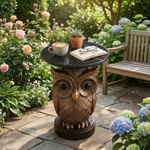 Luxurious Owl Side Table - 20" Premium Faux Marble Top Accent Table with Hand-Detailed Resin Owl Statue Base - High-End Round End Table for Study, Library, Nightstand - Tool-Free - color: Iron Owl