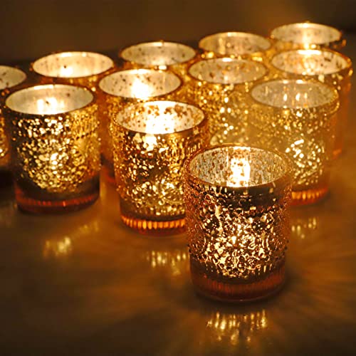 VOHO Gold Votive Candle Holders Set of 12, Gold Candle Holders Bulk for Wedding Table Centerpiece, Mercury Glass Tealight Candle Holder for Home Party Decoration (2.1'' x 2.6'', W/H) - color: Gold