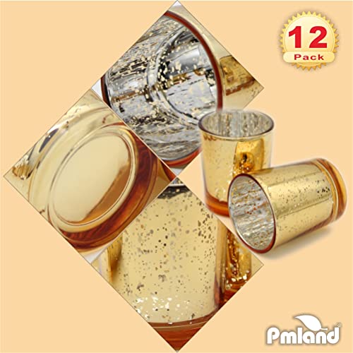 PMLAND Speckled Mercury Glass Votive Candle Tealight Holders - Bulk Pack of 12 Gold - color: Gold