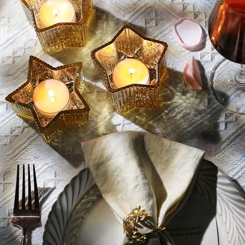 Letine 10pcs Gold Ribbed Candle Cups – Assorted Height Tea Light & Votive Candle Holders for Diwali, Wedding, Table Centerpiece, Fall & Holiday Decor – Lucky Star Jar (Tall 2.44", Short 1.57") - color: Gold, size: 10pcs