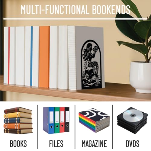 WADORN 1 Pair Mermaid Metal Decorative Bookend for Shelves, Heavy Duty Book Ends Modern Non-Skid Books Holder Stand Black Book Support Stoppers for Desk Bookshelf Office Home, 5.3x4.3x7.8 Inches - color: Mermaid