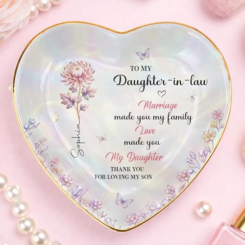 Personalized Heart Shape Jewelry Dish for Daughter-in-Law, Ceramic Trinket Tray Ring Holder With Custom Birth Flower, “Marriage Made You Family, Love Made You My Daughter” Keepsake - color: Daughter In Law 129