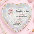 Personalized Heart Shape Jewelry Dish for Daughter-in-Law, Ceramic Trinket Tray Ring Holder With Custom Birth Flower, “Marriage Made You Family, Love Made You My Daughter” Keepsake - color: Daughter In Law 129