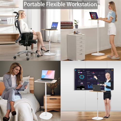 Small Laptop Standing Desk, 18“H - 46”H Adjustable Height Pedestal Side Table with Wooden Top, Portable Tall End Table, Stand-Up Desk for Bedside, Couch, Sofa, Living Room, Bedroom, Home Office, White - color: White