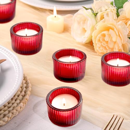 Red Candle Holders, Glass Votive Candles Holders for Table Centerpiece, Tealight Candle Holder, Glass Tea Light Candles Holder for Party & Home,Wedding Decor, Set of 12
