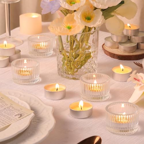 HAVITI 36 Pcs Clear Tealight Candle Holders with 36PCS Tea Lights Candles, Glass Votive Candle Holders Set for Table Centerpiece, Home Decor and Party Supplies - color: Clear
