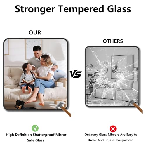 Koonmi Bathroom Mirror, 36X40 Brushed Black Rectangle Wall Mirror, HD Tempered Glass, Anti-Rust Frame Vanity Mirror, Rounded Rectangle Mirror for Restroom, Bedroom, Hangs Horizontal or Vertical - color: Rounded Edged, size: 40"L x 36"W