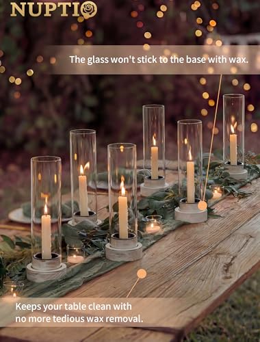 NUPTIO Dripless Candlestick Holders with Wax Catchers for Easy Cleaning: Set of 2 Hurricane Glass Candle Holders with Metal Bobeches - White Wood Farmhouse Home Decor for Wedding Table Centerpiece - color: Rustic White