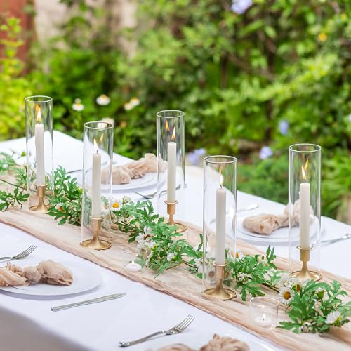 Romadedi Hurricane Candlestick Holders Gold - Taper Candle Holders Tall Clear Glass Cylinder for Wedding Table Centerpieces Party Decor Birthday Christmas Home Decorations Set of 2