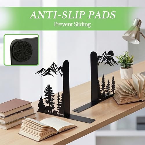 Sanwarm Metal Bookends Mountain Woodland Nature Book Ends Decorative Bookend for Home Office Desk Book Shelves Decor, Gift for Reading Enthusiasts Non-Skid Book Stoppers Holder (Black 1 Pair) - color: Mountain