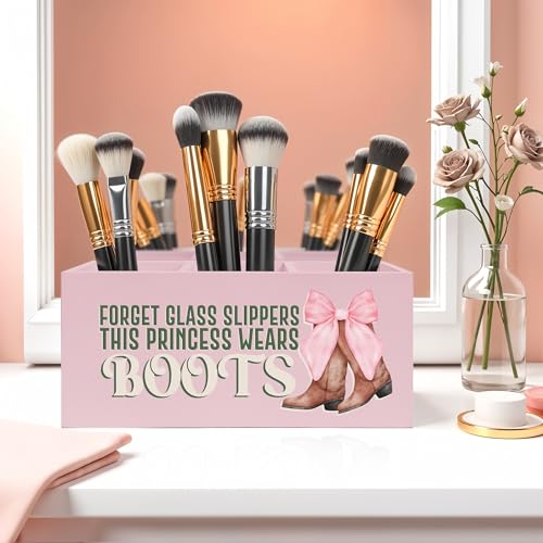 Coquette Pink Bow Cowgirl Makeup Brush Toothbrush Holder, Cowgirl Gifts, Pink Western Wooden Pen Pencil Holder Organizer for Home Office Desk Accessories, Western Gifts for Women - color: Color-Desk accessories pink 20