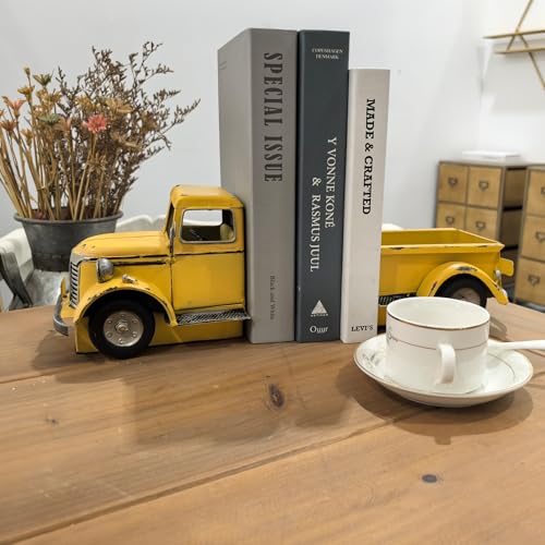 Decorative Book Ends Vintage Bookends: Metal Truck Book Stopper for Kid Books for Grandson Men Teen - Farmhouse Decor for Bookcase Shelf Table Coffee Bar Office Home Yellow - color: Vintage Yellow