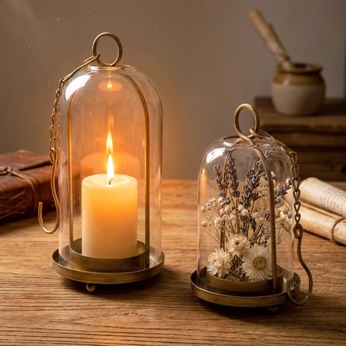 Metal Candle Holder Set (5.3"×11.8" & 3.9"×7.8"), Gold Hurricane Glass Candle Holders for Pillar Candles Wedding Party Table Coffee Table Decor